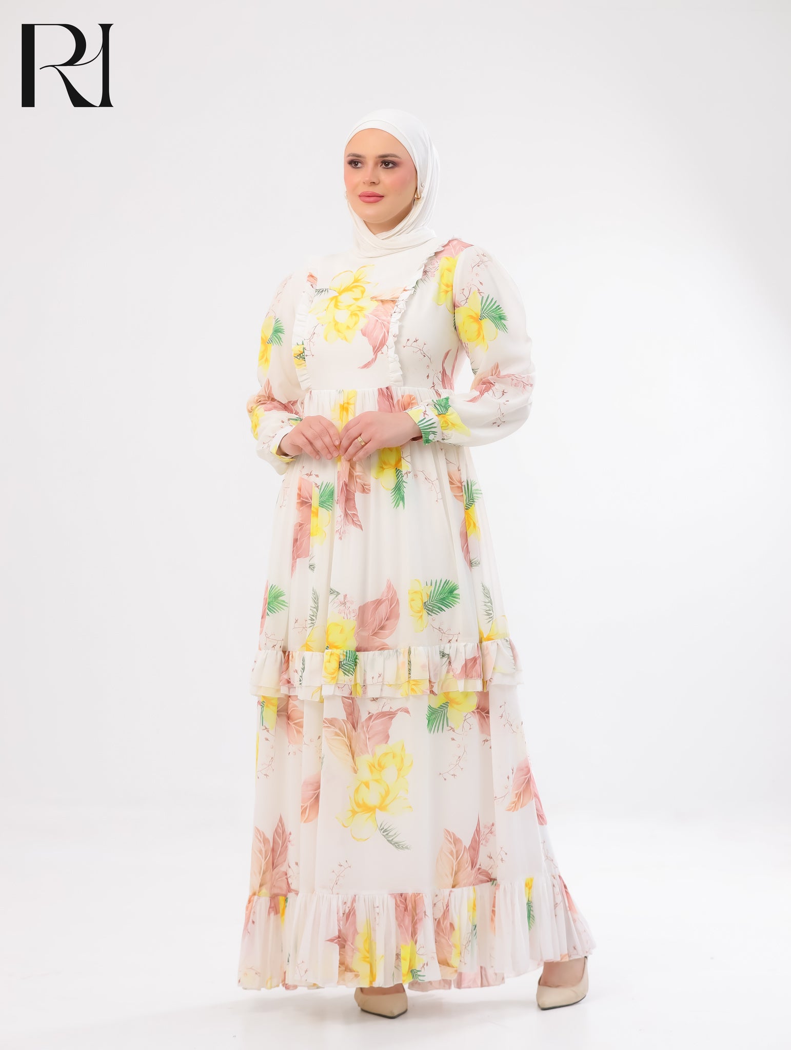 Haneen Floral Chiffon Maxi Dress – Ivory