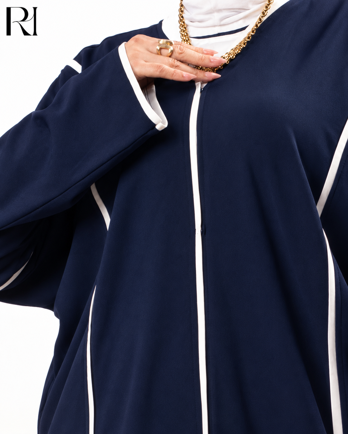 Naima Contrast Trim Structured Knit Abaya - Navy