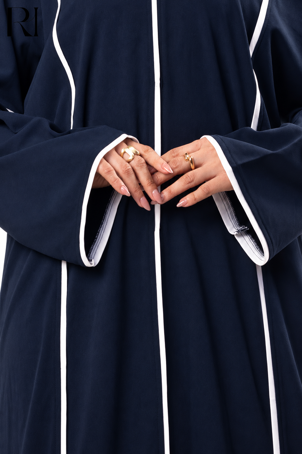 Naima Contrast Trim Structured Knit Abaya - Navy