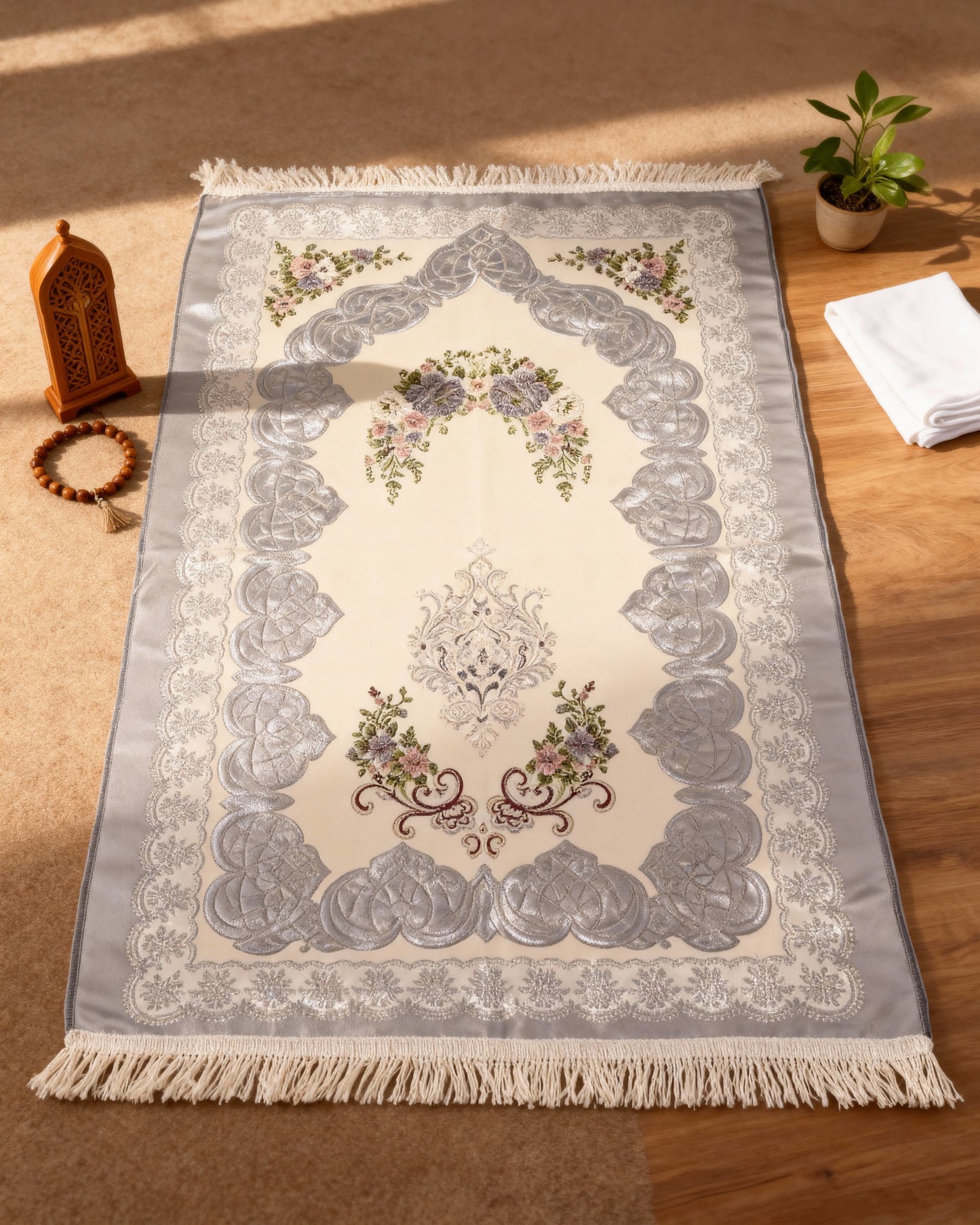 Silver Bloom Elegant Floral Prayer Mat