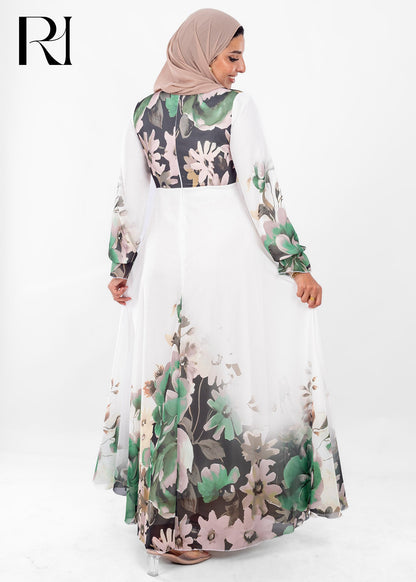 Green Floral Chiffon Modest Maxi Dress