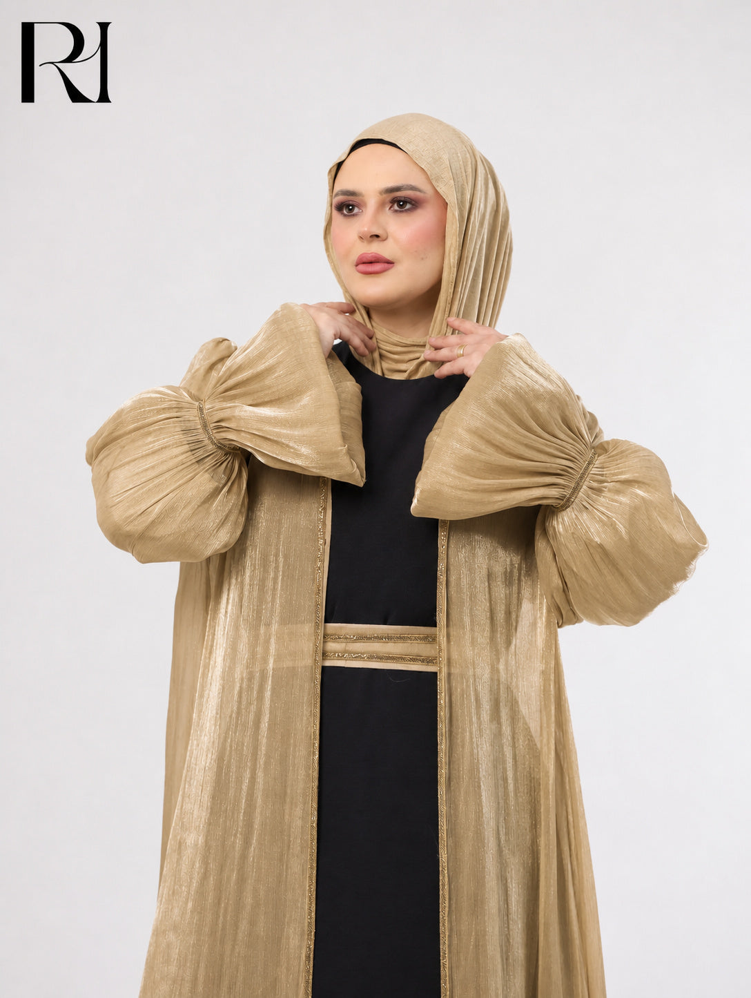 Majda Sheer Organza Abaya Set – Gold & Black