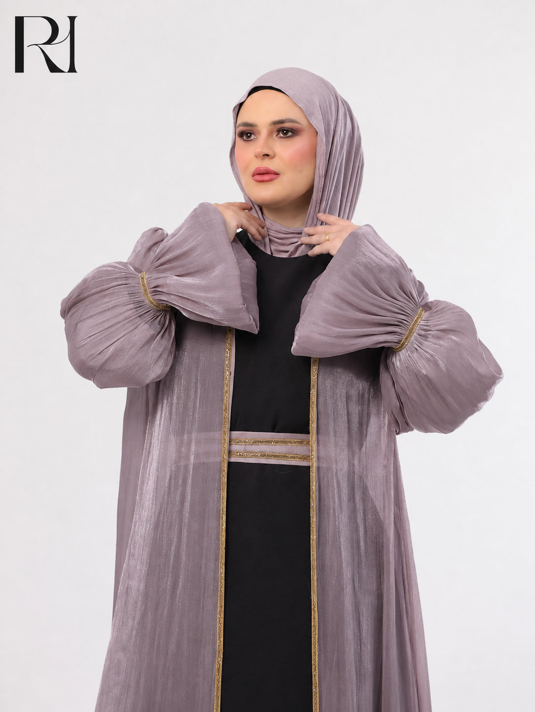 Majda Sheer Organza Abaya Set – Lavender & Black