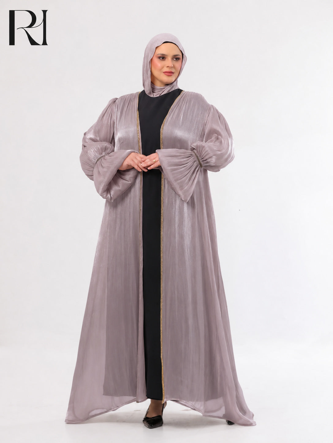 Majda Sheer Organza Abaya Set – Lavender & Black