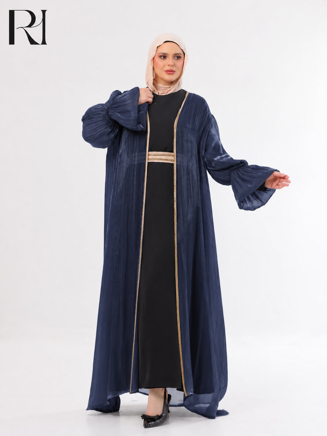 Majda Sheer Organza Abaya Set – Navy & Black