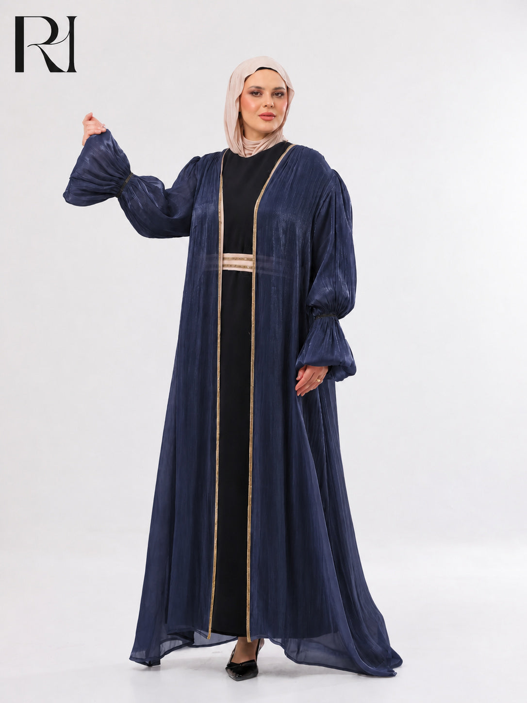 Majda Sheer Organza Abaya Set – Navy & Black