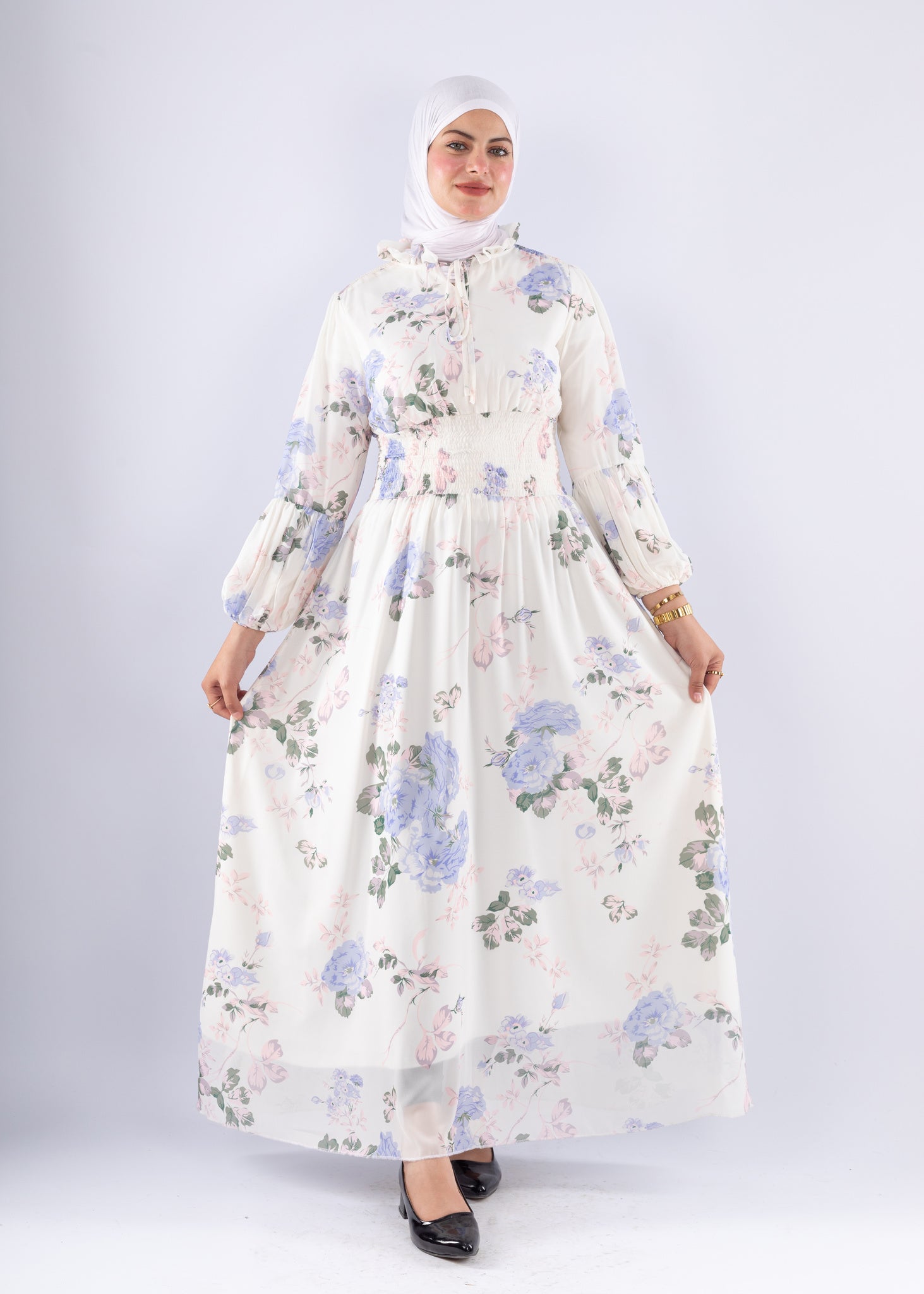 Aisha White Floral Print Maxi Dress with High Neck Modest Fashion - Ruehaya