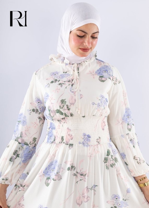 Aisha White Floral Print Maxi Dress with High Neck Modest Fashion - Ruehaya