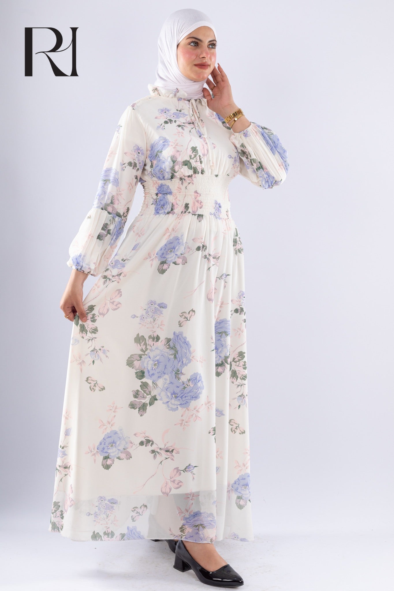 Aisha White Floral Print Maxi Dress with High Neck Modest Fashion - Ruehaya