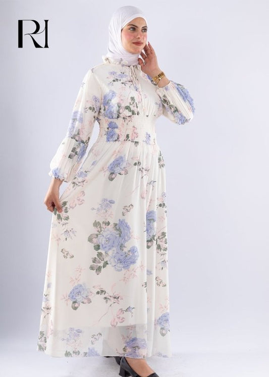Aisha White Floral Print Maxi Dress with High Neck Modest Fashion - Ruehaya