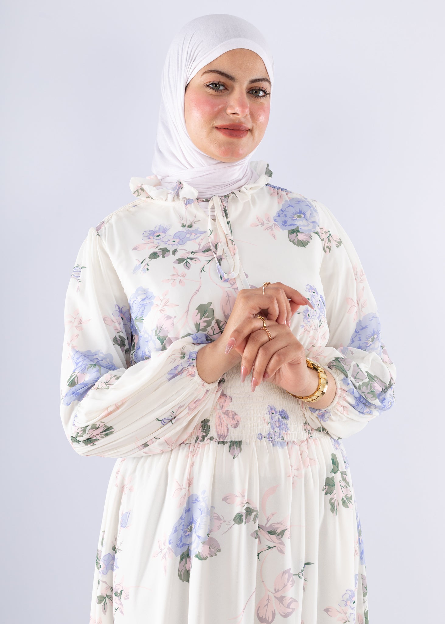 Aisha White Floral Print Maxi Dress with High Neck Modest Fashion - Ruehaya