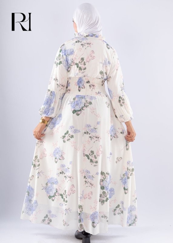 Aisha White Floral Print Maxi Dress with High Neck Modest Fashion - Ruehaya