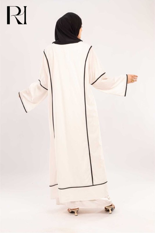 Alia White & Onyx Piped Abaya Set - Ruehaya