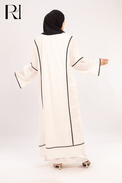 Alia White & Onyx Piped Abaya Set - Ruehaya