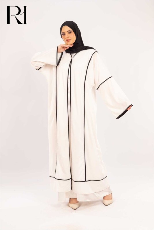 Alia White & Onyx Piped Abaya Set - Ruehaya
