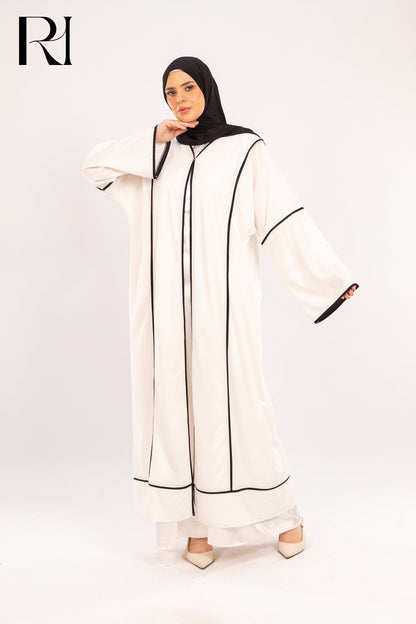 Alia White & Onyx Piped Abaya Set - Ruehaya