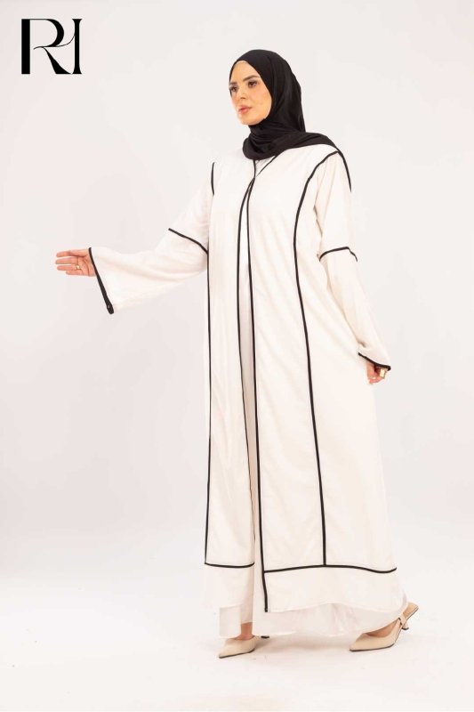 Alia White & Onyx Piped Abaya Set - Ruehaya