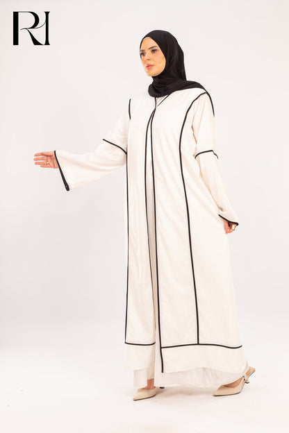 Alia White & Onyx Piped Abaya Set - Ruehaya