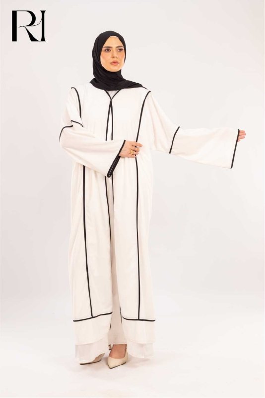 Alia White & Onyx Piped Abaya Set - Ruehaya