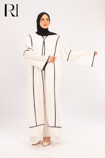 Alia White & Onyx Piped Abaya Set - Ruehaya