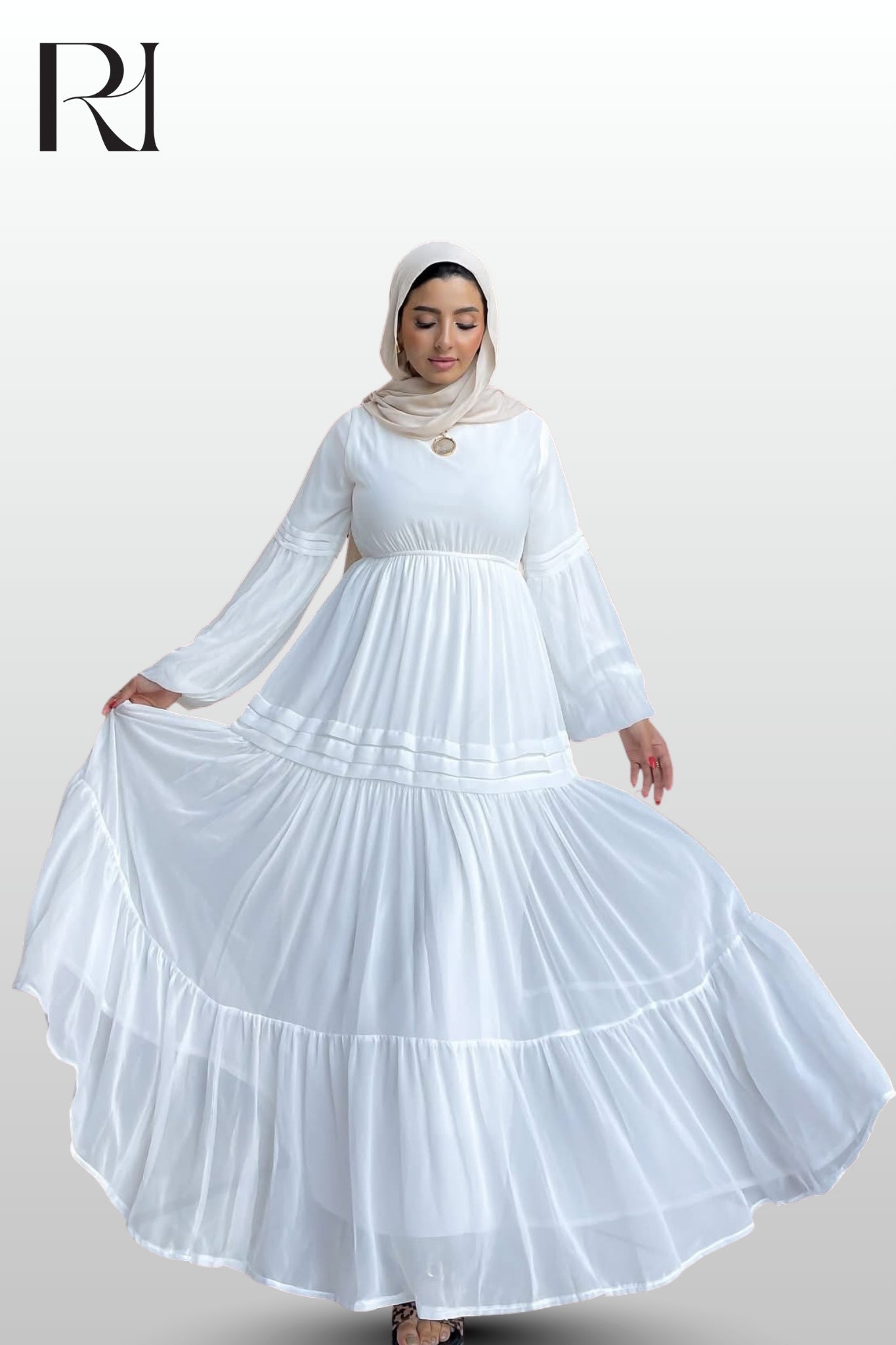 Amal Classic Long Sleeve Chiffon White Dress - Ruehaya