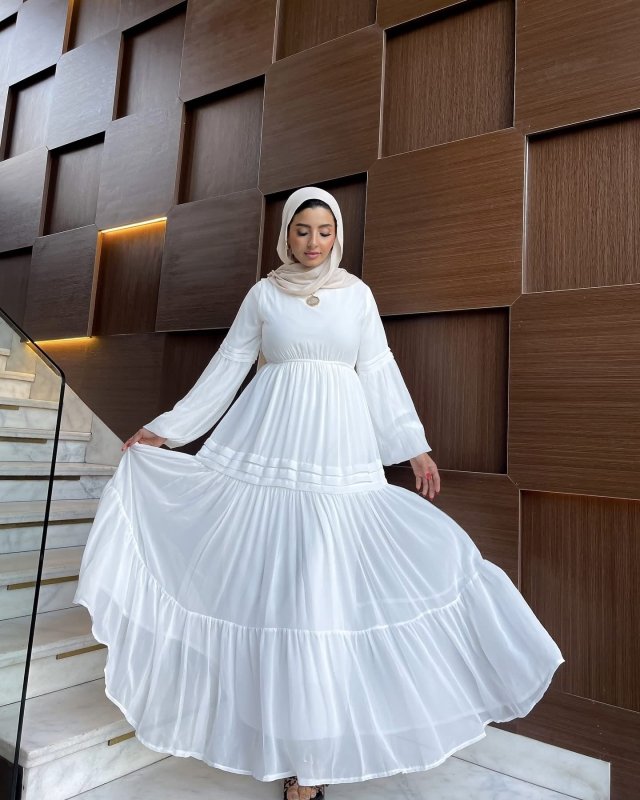 Amal Classic Long Sleeve Chiffon White Dress - Ruehaya