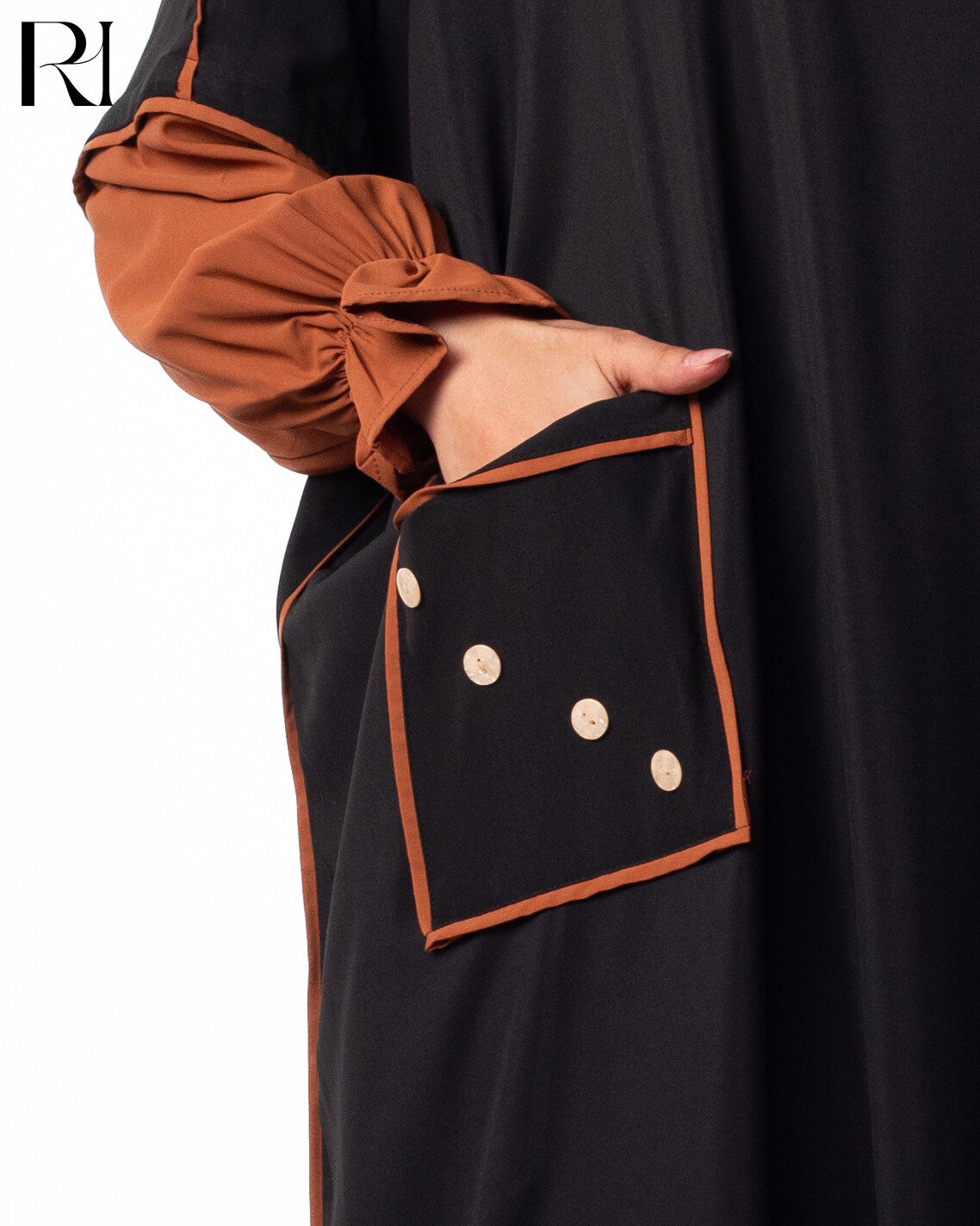 Black garment with brown trim and buttons-ruehaya
