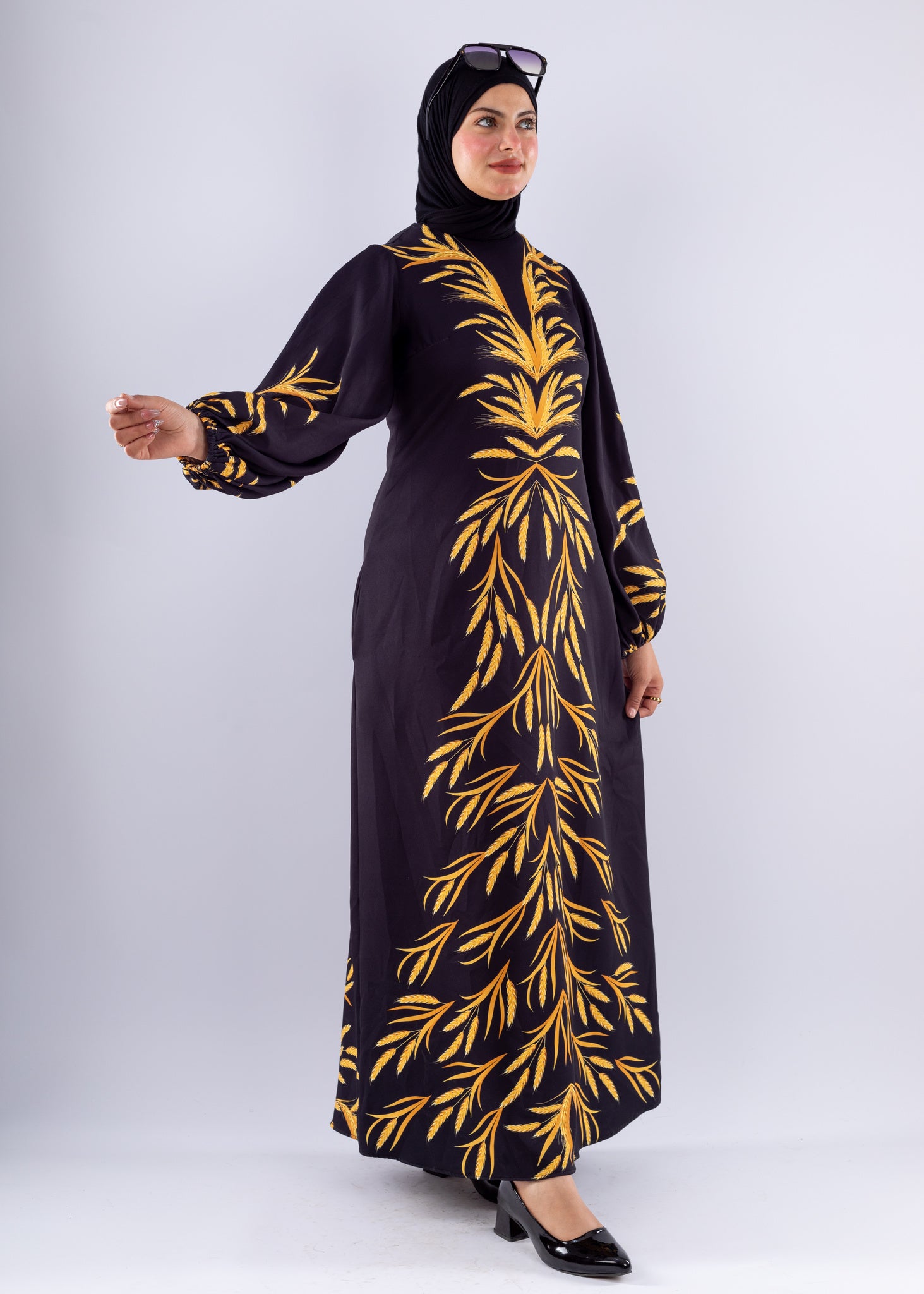 Amira Elegant Black Crepe Modesty Dress with Gold Leaf Detail - Ruehaya