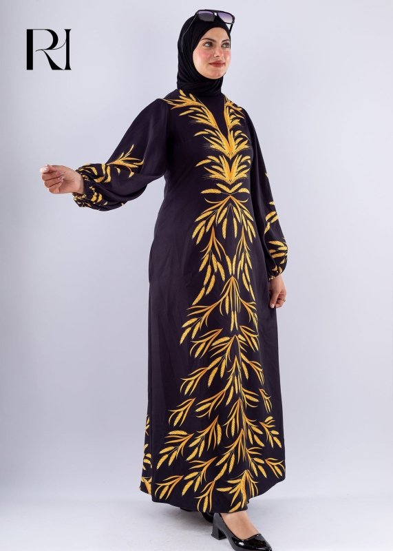 Amira Elegant Black Crepe Modesty Dress with Gold Leaf Detail - Ruehaya