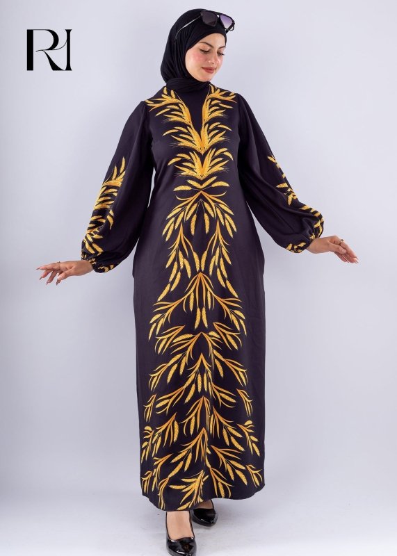 Amira Elegant Black Crepe Modesty Dress with Gold Leaf Detail - Ruehaya