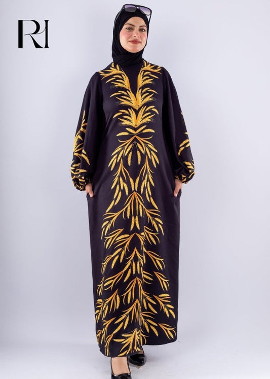 Amira Elegant Black Crepe Modesty Dress with Gold Leaf Detail - Ruehaya