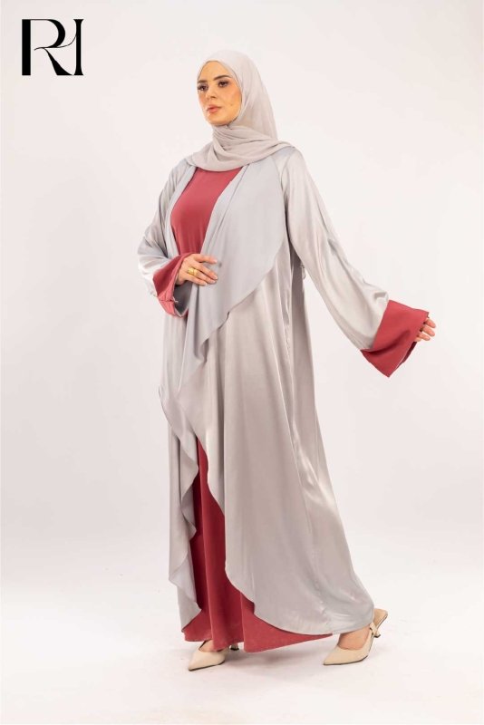 Amira Silver & Rosewood Two - Piece Abaya Set - Ruehaya