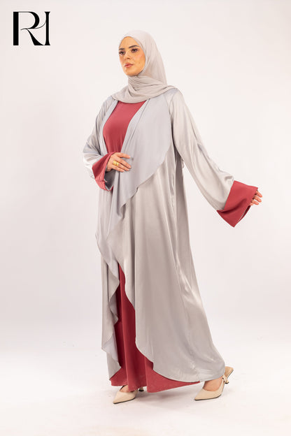 Amira Silver & Rosewood Two - Piece Abaya Set - Ruehaya