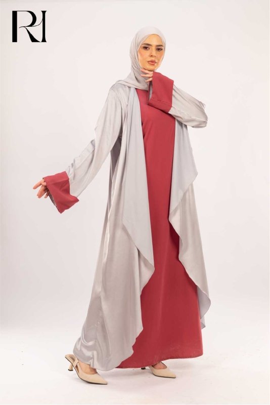 Amira Silver & Rosewood Two - Piece Abaya Set - Ruehaya