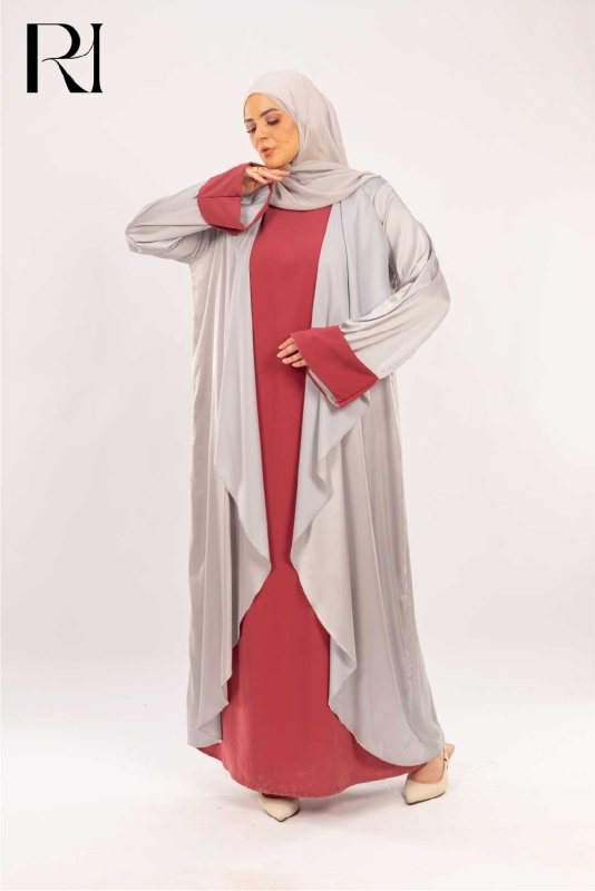Amira Silver & Rosewood Two - Piece Abaya Set - Ruehaya