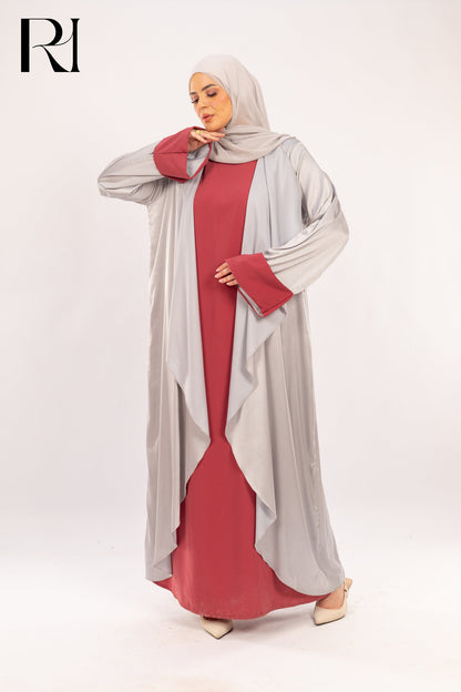 Amira Silver & Rosewood Two - Piece Abaya Set - Ruehaya
