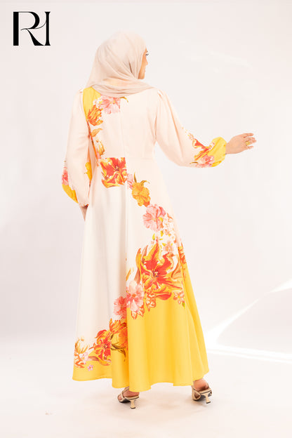 Aria Sunshine Yellow Tulip Print Maxi Dress - Ruehaya