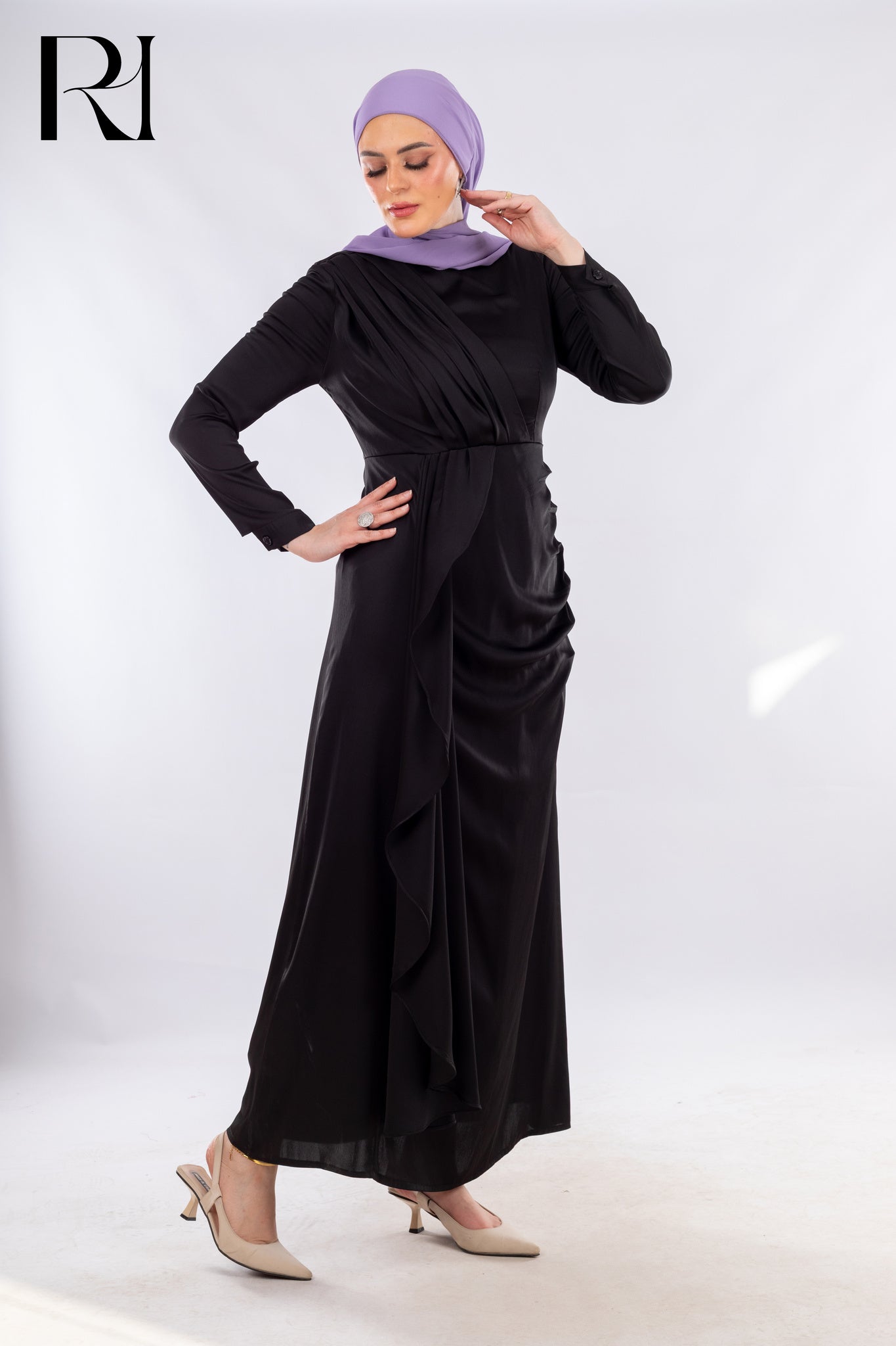 Asymmetric Black Draped Dress with Sculptural Flow - Ruehaya