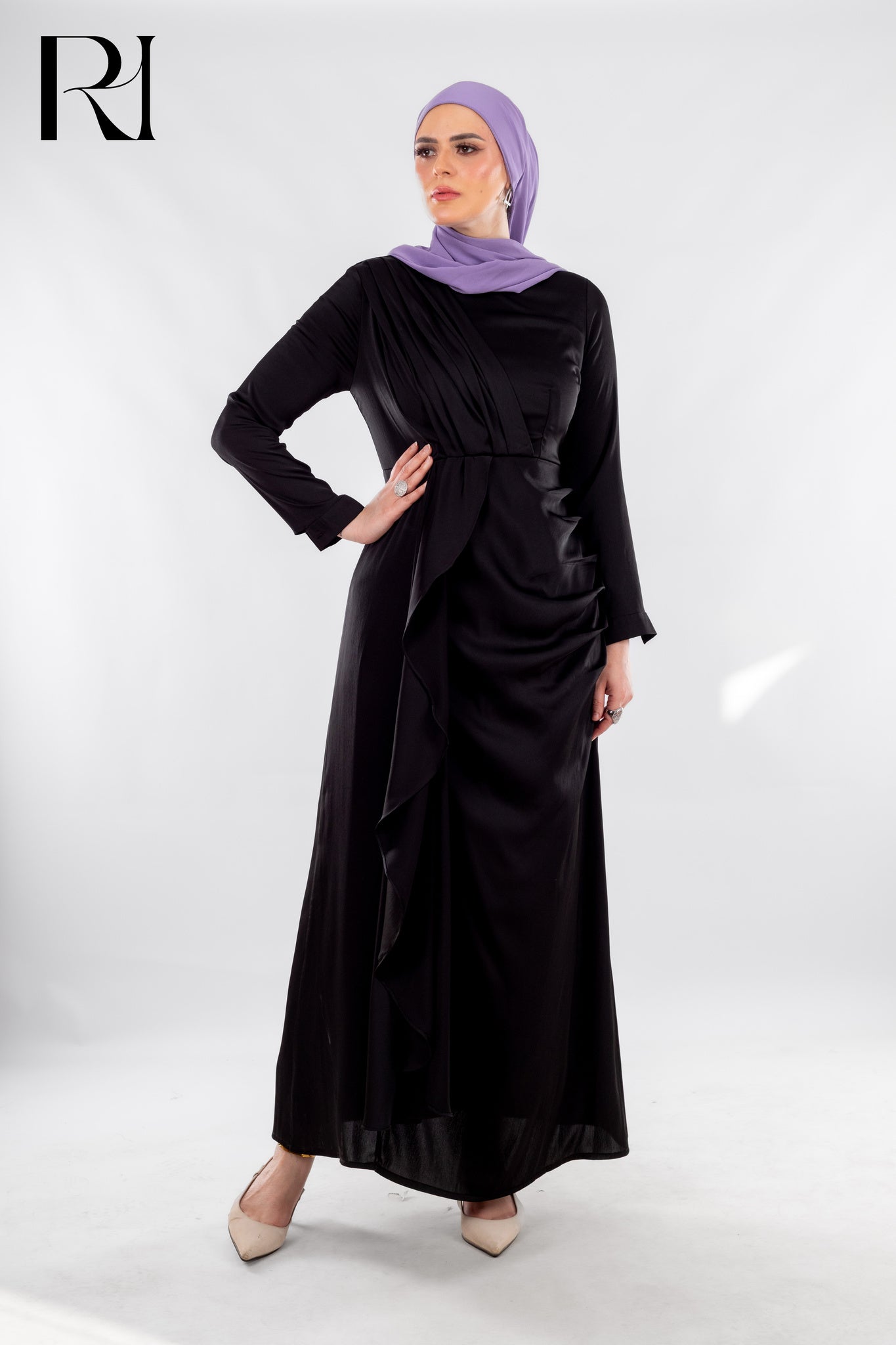Asymmetric Black Draped Dress with Sculptural Flow - Ruehaya