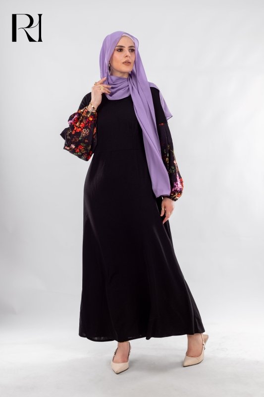 Aya Black Puff Sleeve Maxi Dress | Modest A Line Style - Ruehaya