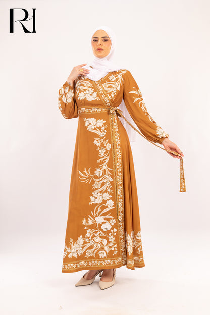 Ayla Marigold Embroidered Wrap Maxi Dress - Ruehaya