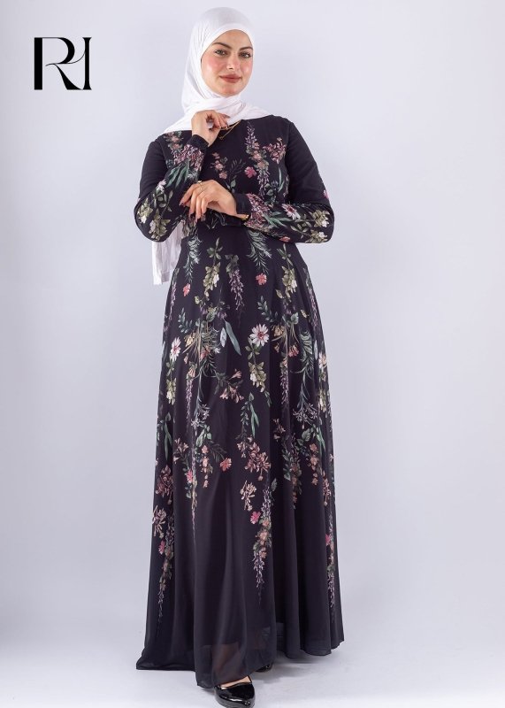 Aysal Floral Chiffon Maxi Dress Long Sleeve Modest Wear - Ruehaya