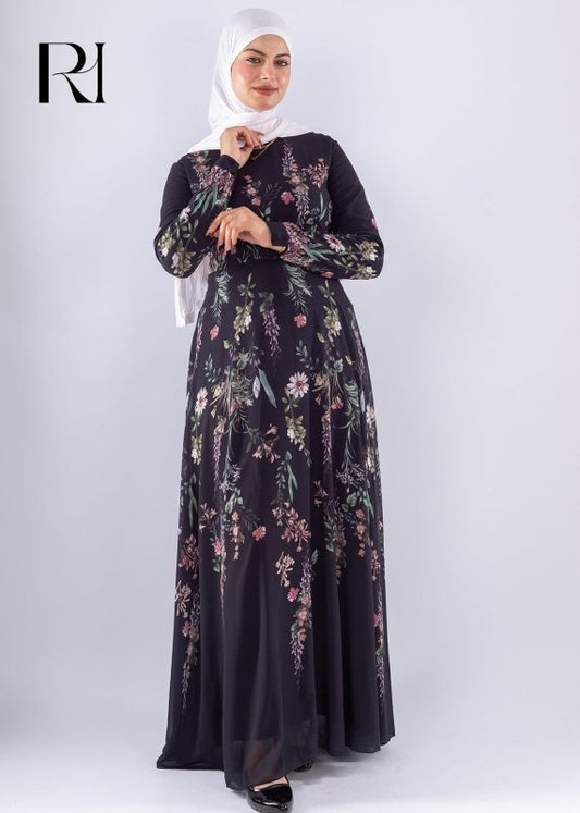Aysal Floral Chiffon Maxi Dress Long Sleeve Modest Wear - Ruehaya