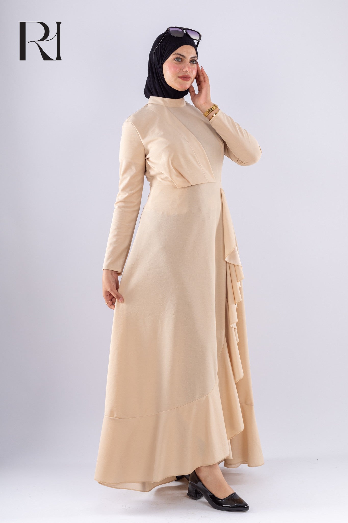 Baraa Beige Ruffle Maxi Dress - Ruehaya