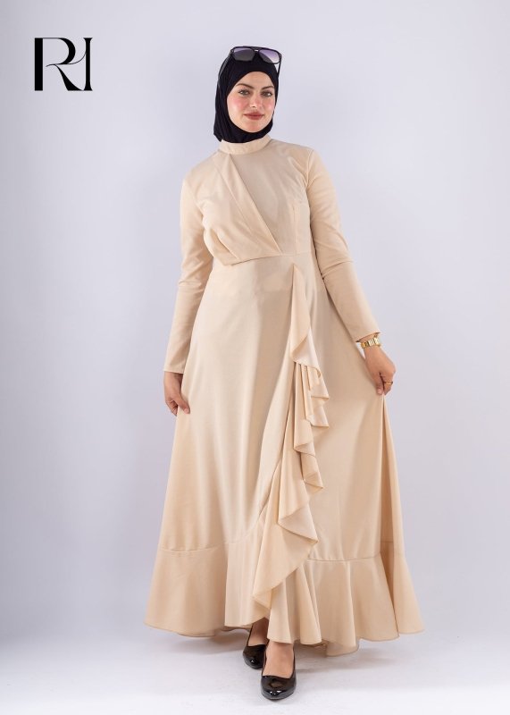 Baraa Beige Ruffle Maxi Dress - Ruehaya