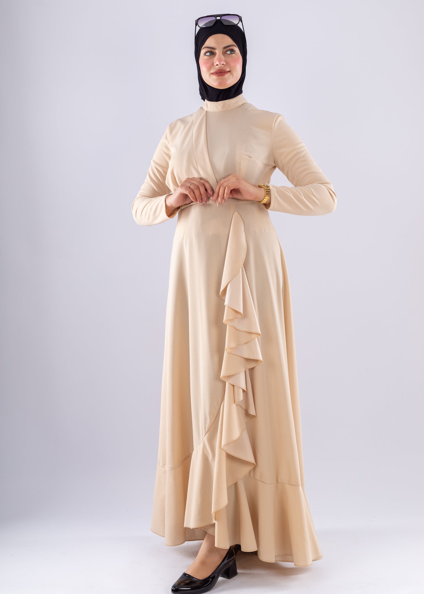 Baraa Beige Ruffle Maxi Dress - Ruehaya