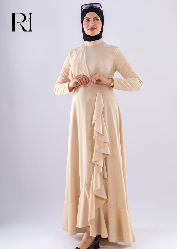 Baraa Beige Ruffle Maxi Dress - Ruehaya