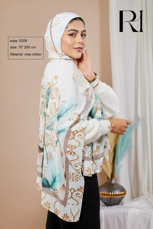 Beautiful Elegance: Ruehaya Gold Floral Chiffon Hijab - Ruehaya