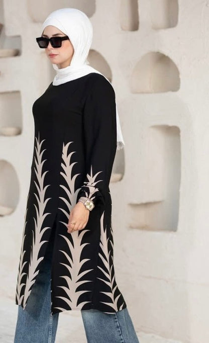 Beige Modern Elegance Printed Tunic Chic & Modest - Ruehaya