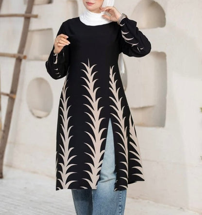 Beige Modern Elegance Printed Tunic Chic & Modest - Ruehaya
